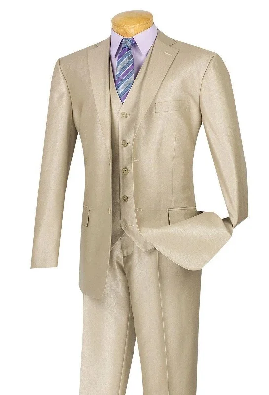 men's checkered vests -Shinny Vested Regular Fit Suit, Beige