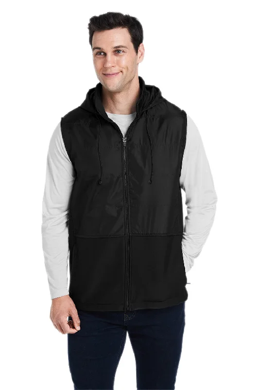 men's plaid waistcoats for weddings -Team 365 Mens Zone HydroSport Hybrid Water Resistant Full Zip Hooded Vest - Black