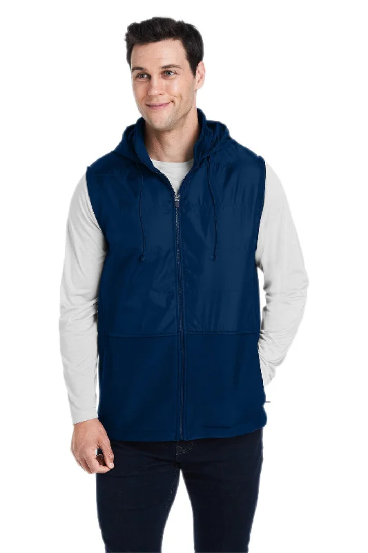 men's wool-blend vests -Team 365 Mens Zone HydroSport Hybrid Water Resistant Full Zip Hooded Vest - Dark Navy Blue