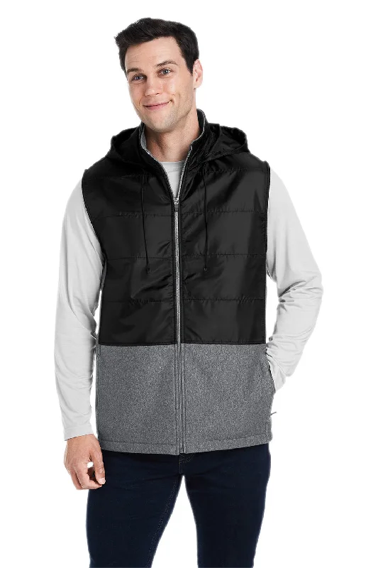 multi-pocket vests for men -Team 365 Mens Zone HydroSport Hybrid Water Resistant Full Zip Hooded Vest - Heather Dark Grey/Black