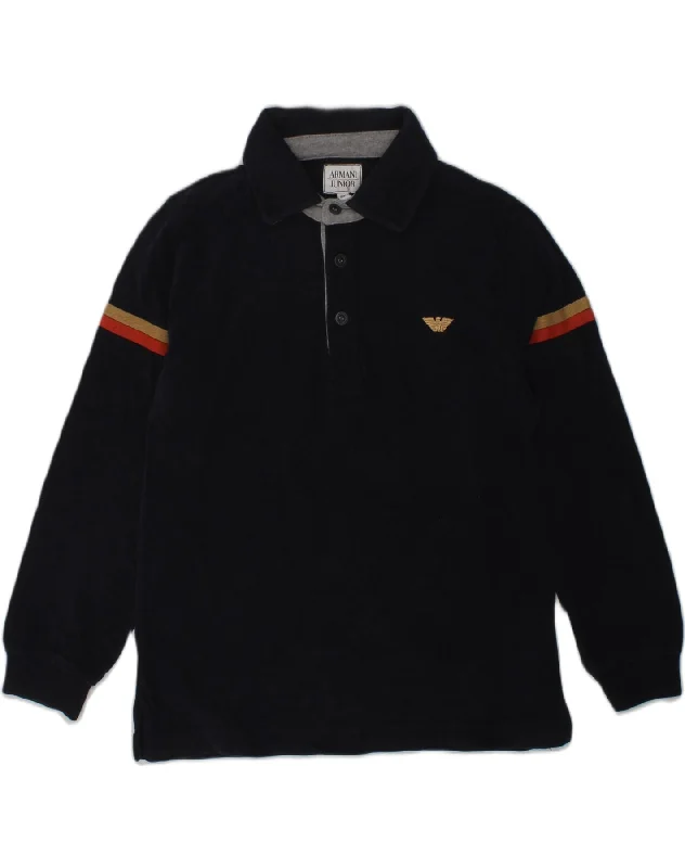 men's striped polo shirts -ARMANI JUNIOR Boys Long Sleeve Polo Shirt 7-8 Years Navy Blue Cotton