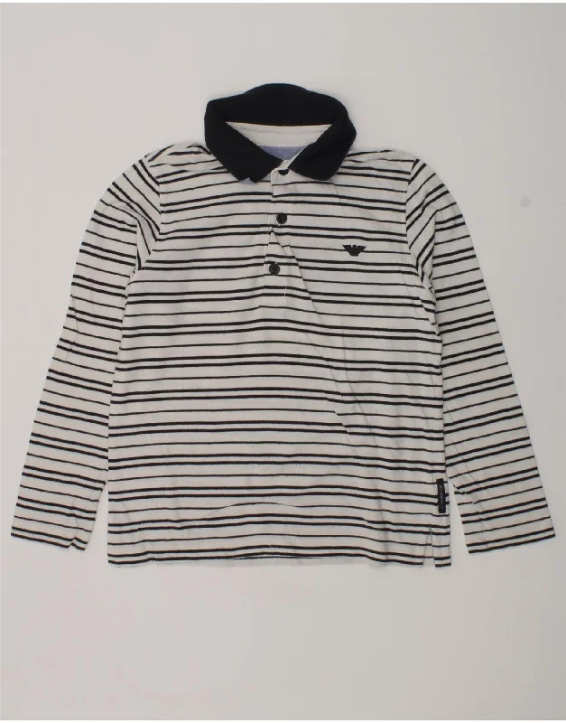 men's sport performance polo shirts -ARMANI JUNIOR Boys Long Sleeve Polo Shirt 7-8 Years White Striped Cotton