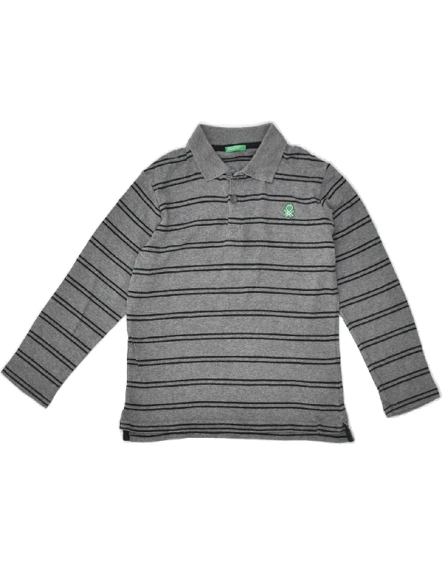 classic short sleeve polo shirts -BENETTON Boys Long Sleeve Polo Shirt 7-8 Years Medium Grey Striped Cotton