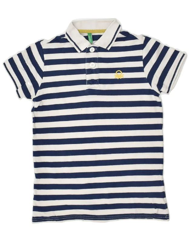 men's performance long sleeve polo shirts -BENETTON Boys Polo Shirt 10-11 Years XL  Navy Blue Striped Cotton