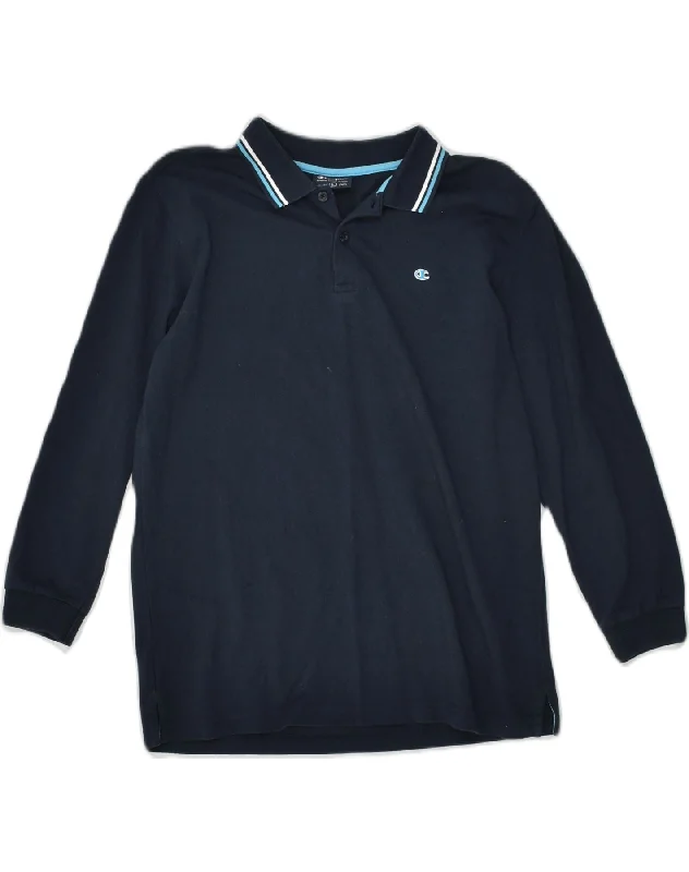 men's slim-fit polo shirts -CHAMPION Boys Long Sleeve Polo Shirt 11-12 Years Large Navy Blue Cotton