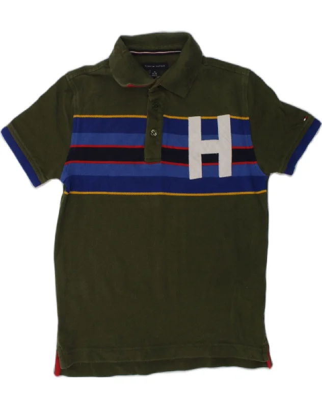 men's short sleeve polo shirts for work -TOMMY HILFIGER Boys Polo Shirt 8-9 Years Medium Khaki Cotton