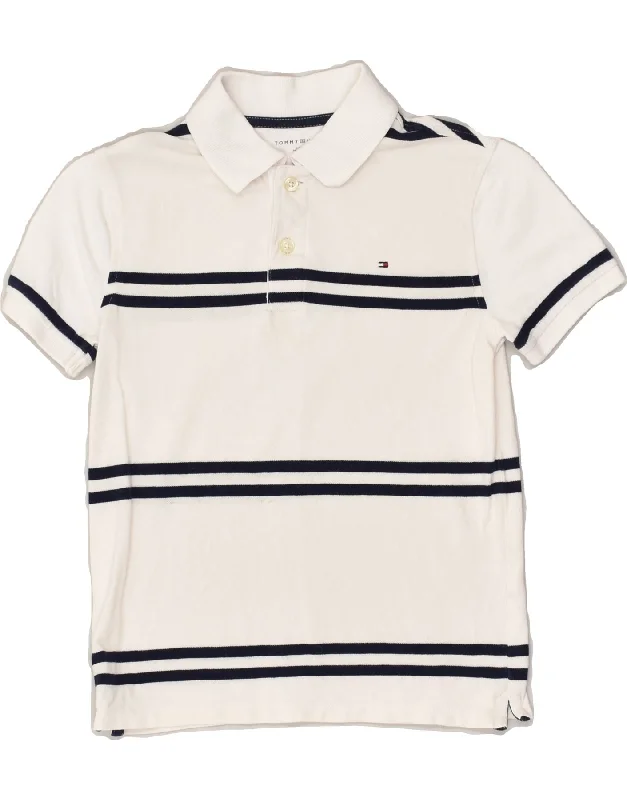 men's classic fit cotton polo shirts -TOMMY HILFIGER Boys Polo Shirt 8-9 Years Medium White Striped Cotton