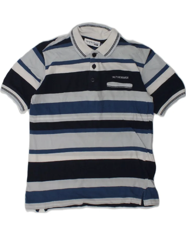 men's long sleeve pique polo shirts -TRUSSARDI JUNIOR Boys Polo Shirt 7-8 Years Blue Striped Cotton