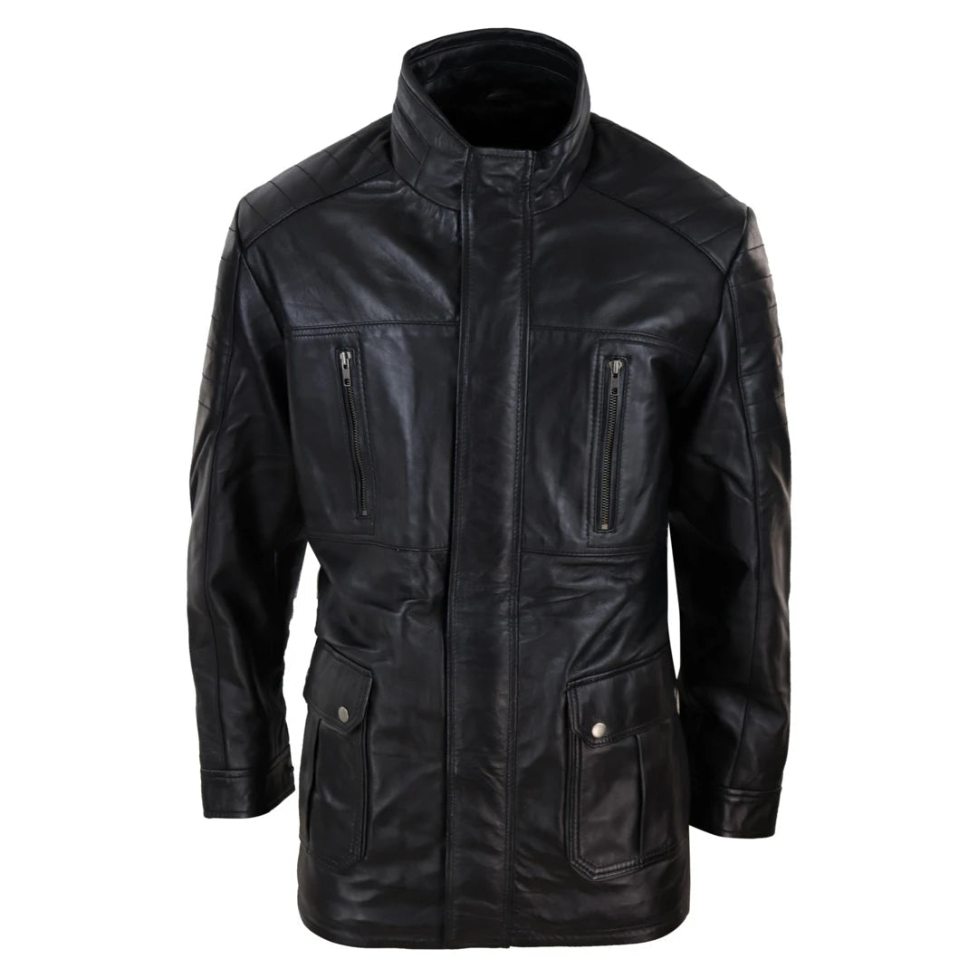 men's bomber jackets -Men's 3/4 Leather Jacket Safari Black Brown Zipped Winter