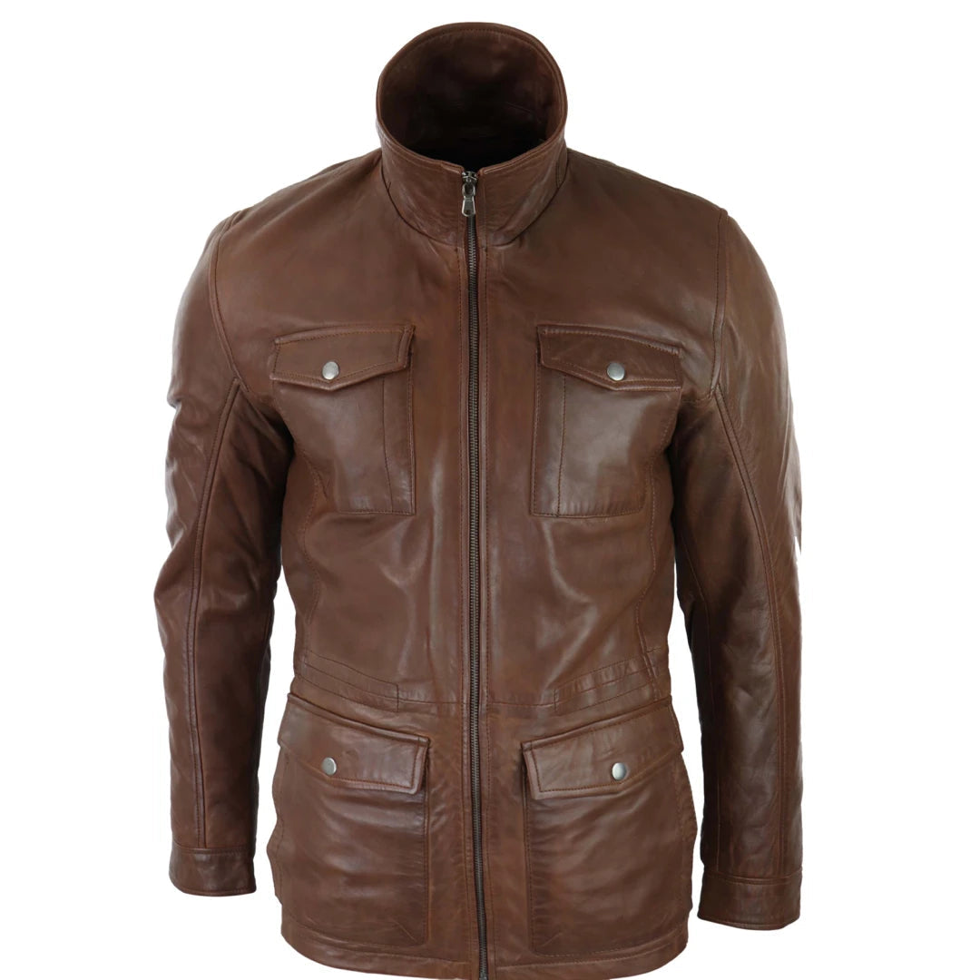 men's fleece jackets -Men's Tan Brown 3/4 Jacket Leather Safari Hunting Country Coat Classic