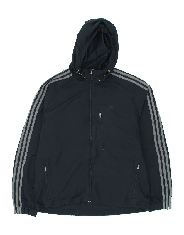 men's trench coats for rain -ADIDAS Mens Hooded Rain Jacket UK 40 Large Navy Blue Striped Polyester