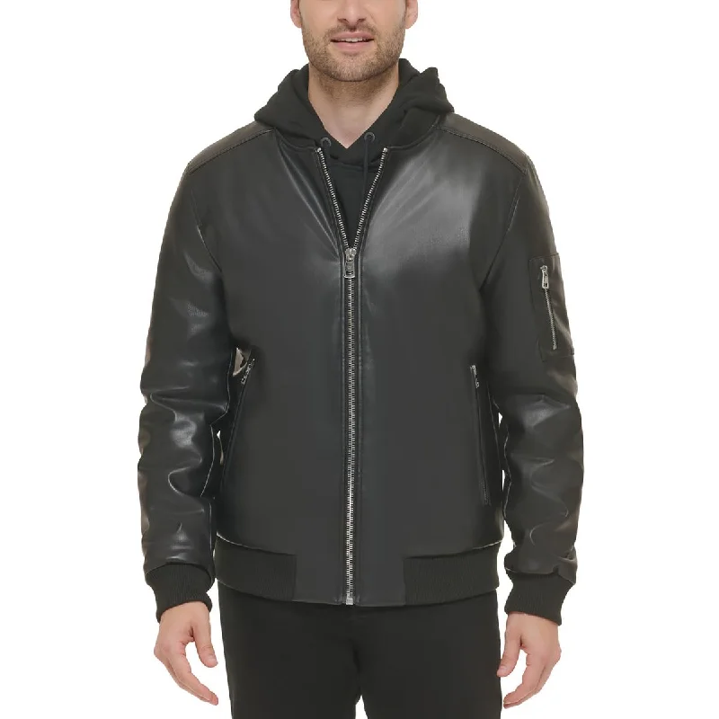 men's parkas with fur -Calvin Klein Mens Faux Leather Bomber Jacket