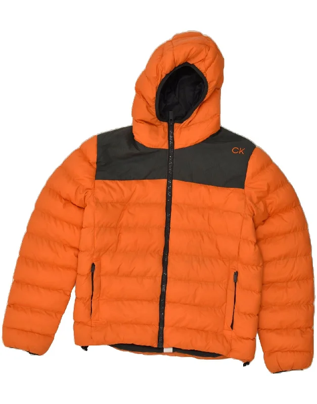 men's insulated rain jackets -CALVIN KLEIN Mens Golf Hooded Padded Jacket UK 38 Medium Orange