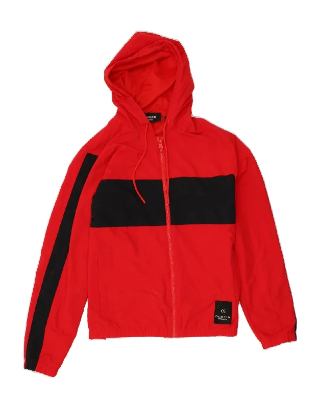 men's rain jackets -CALVIN KLEIN Mens Hooded Rain Jacket Small Red Colourblock Polyamide