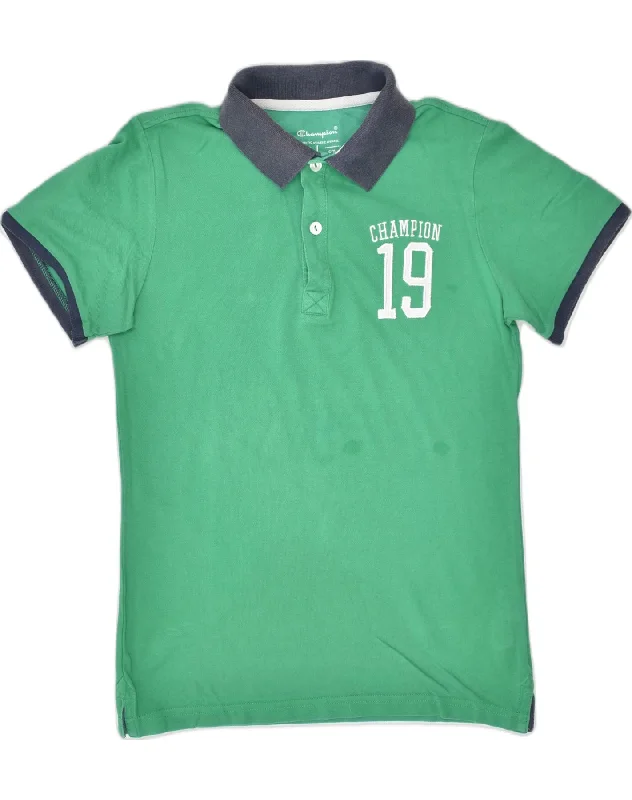 men's long sleeve pique polo shirts -CHAMPION Boys Polo Shirt 11-12 Years Large Green Cotton