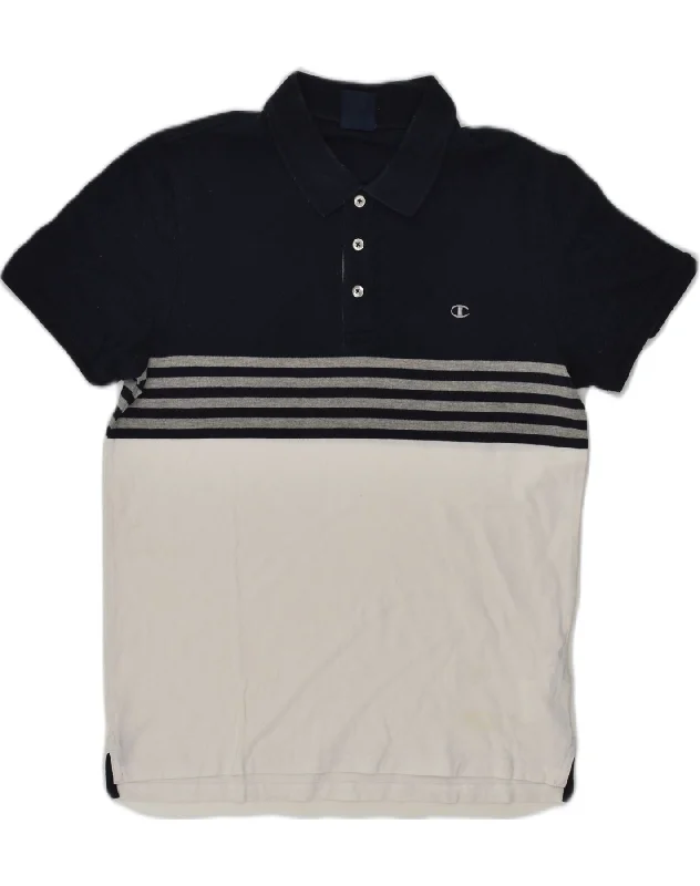 men's patterned polo shirts -CHAMPION Boys Polo Shirt 14-15 Years Large Navy Blue Colourblock Cotton