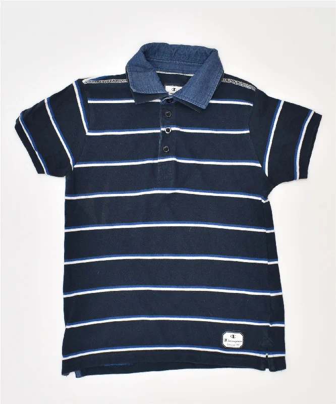 men's simple polo shirts -CHAMPION Boys Polo Shirt 7-8 Years Navy Blue Striped Cotton