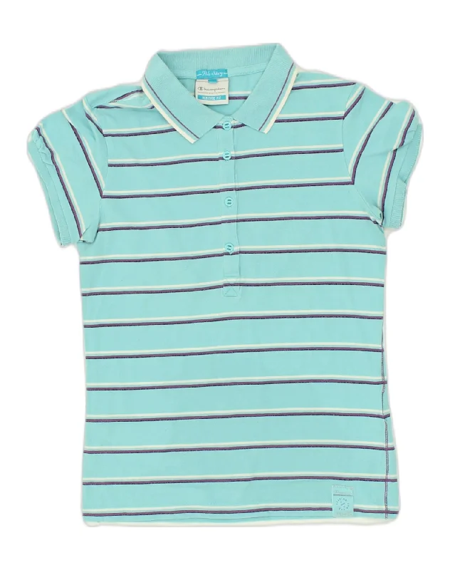 casual golf polo shirts for men -CHAMPION Girls Polo Shirt 12-13 Years Large Blue Striped Cotton