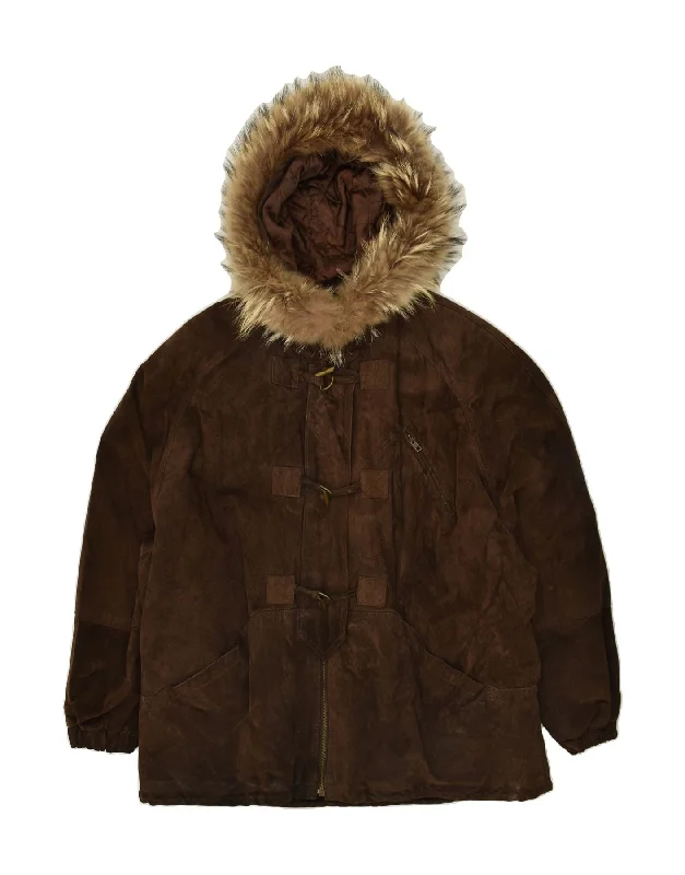 men's outdoor jackets -CONBIPEL Mens Hooded Suede Jacket UK 46 3XL Brown Leather