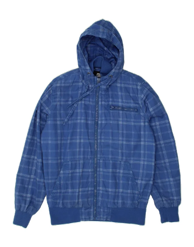 men's lightweight rain jackets -FISHBONE Mens Hooded Bomber Jacket UK 36 Small Blue Check Cotton