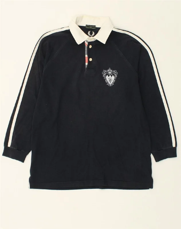 men's polos with side slits -FRED PERRY Boys Long Sleeve Polo Shirt 13-14 Years Navy Blue Cotton