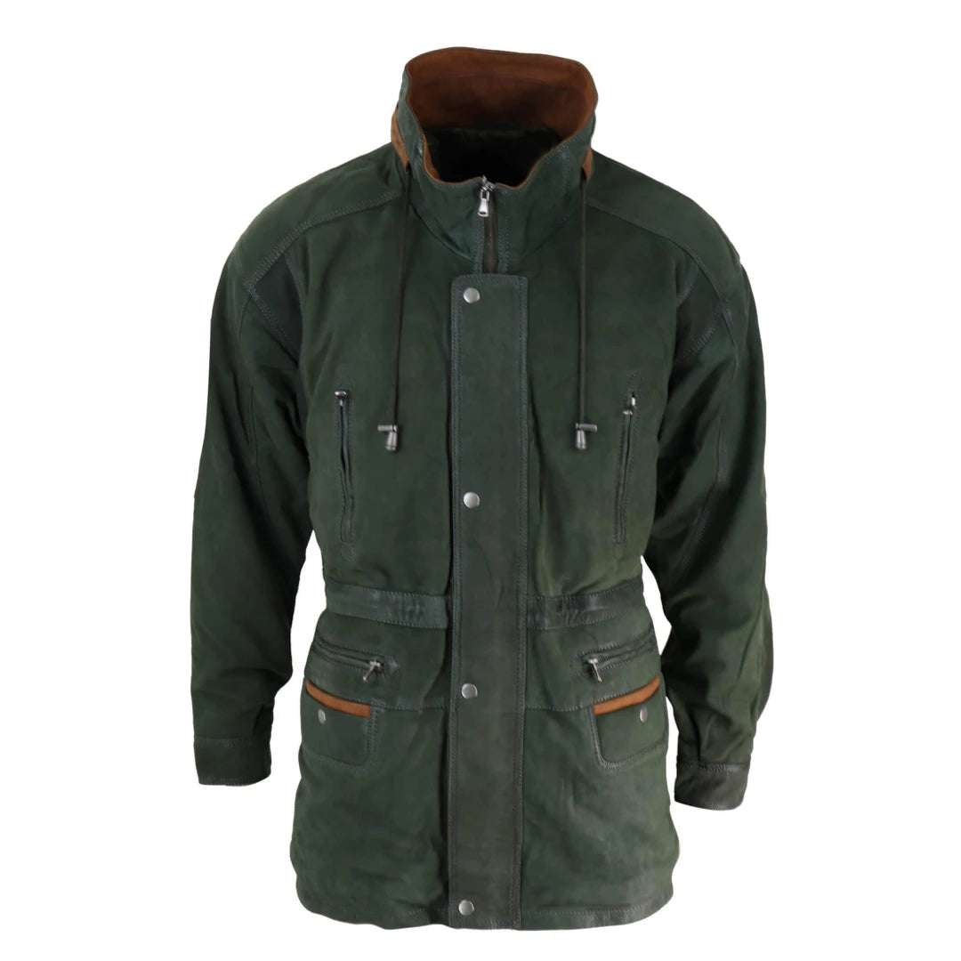 slim-fit jackets for men -Men's Suede Safari Jacket Hunting Duffle Parka Leather Coat