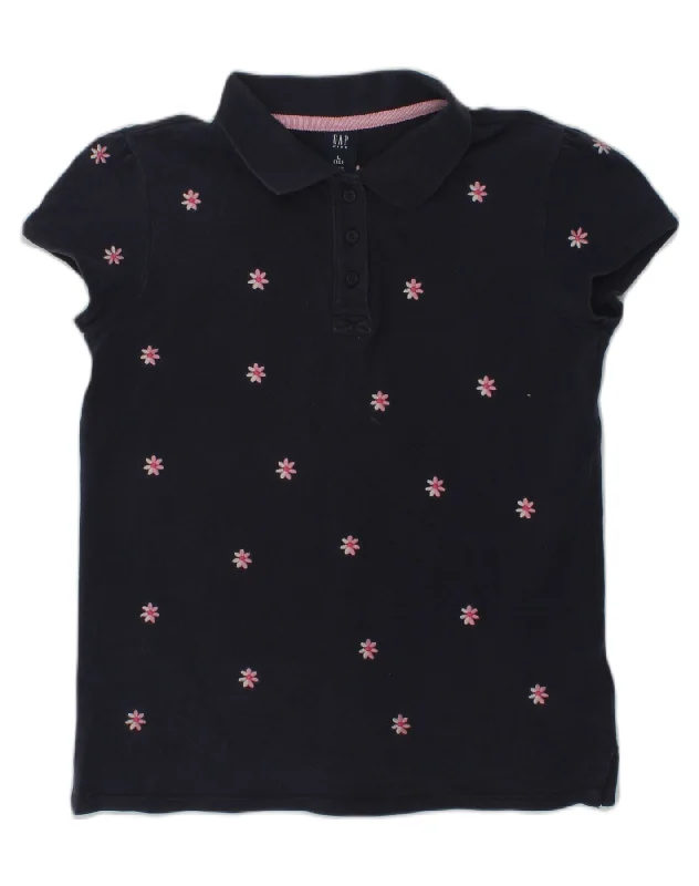 polo shirts for men with collars -GAP Girls Polo Shirt 9-10 Years Large  Navy Blue Floral Cotton