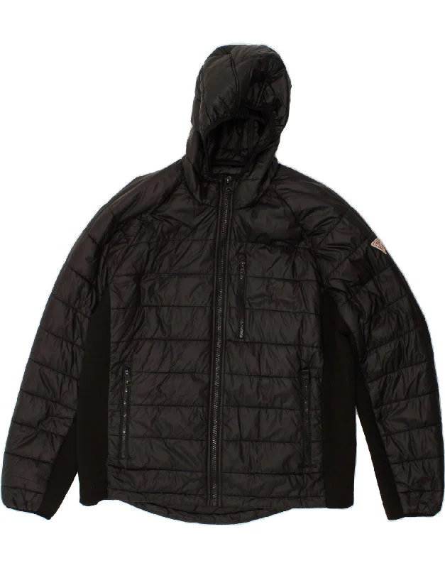 men's quilted winter jackets -GUESS Mens Hooded Padded Jacket UK 44 2XL Black Polyester