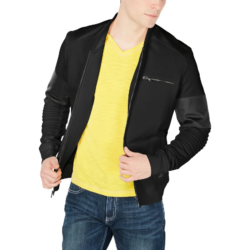 men's parkas with fur -INC Mens Faux Leather Trim Zip Up Jacket