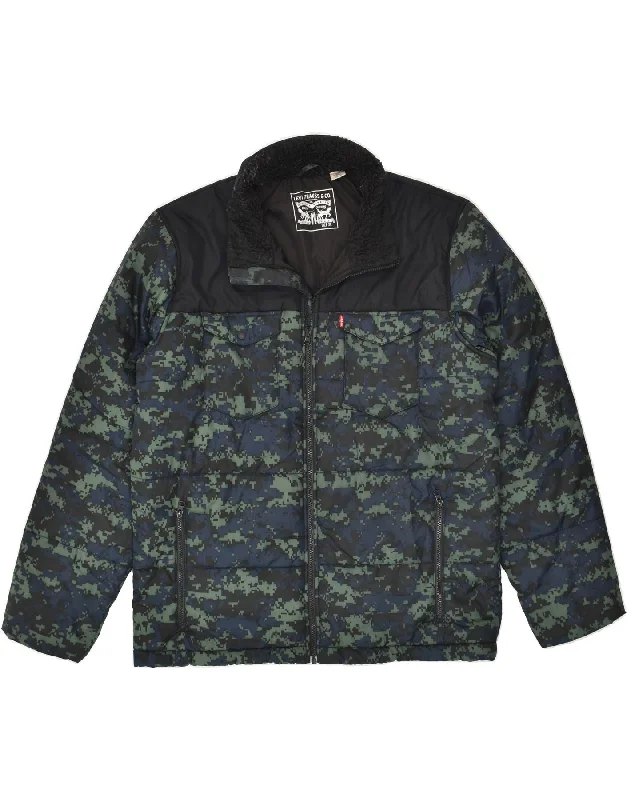 men's sleek jackets -LEVI'S Mens Padded Jacket UK 42 XL Navy Blue Camouflage