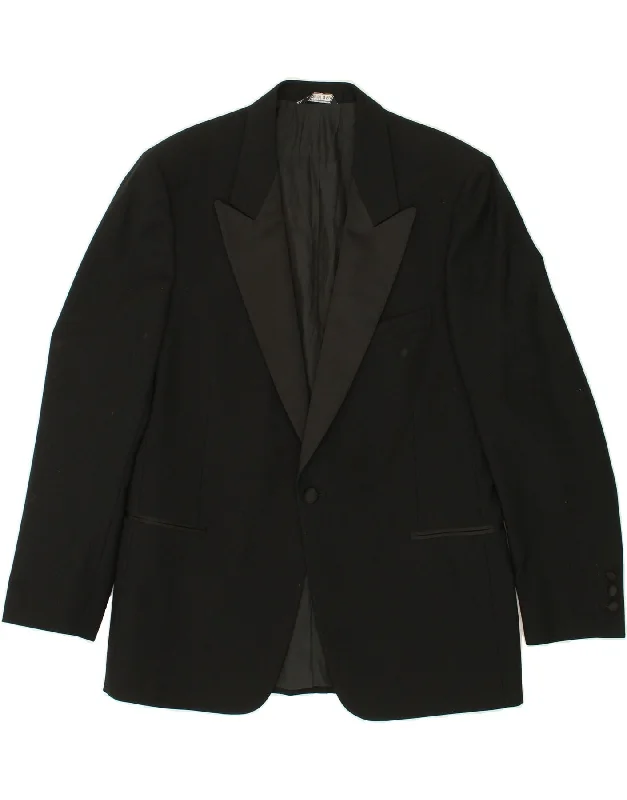 men's windbreakers -LINEA ESSE Mens 1 Button Blazer Jacket IT 50 Large Black Wool