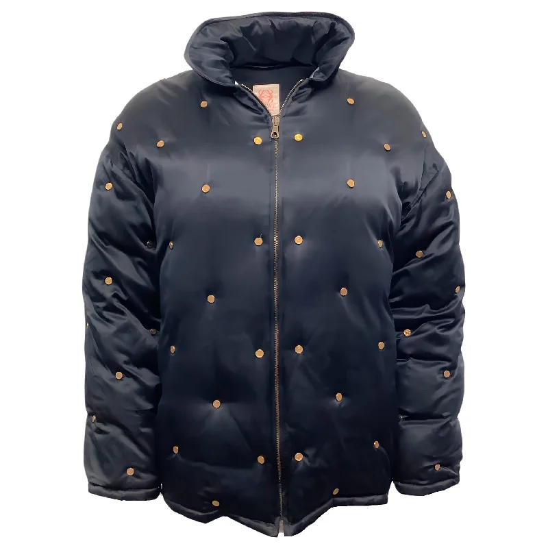 fleece-lined bomber jackets for men -Loewe Vintage Navy Blue / Gold Studded Silk Satin Bomber Jacket