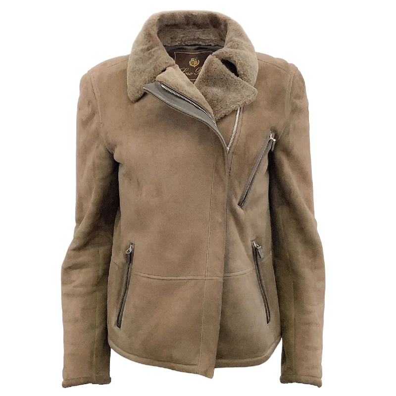 stylish winter jackets for men -Loro Piana Brown Shearling Moto Jacket