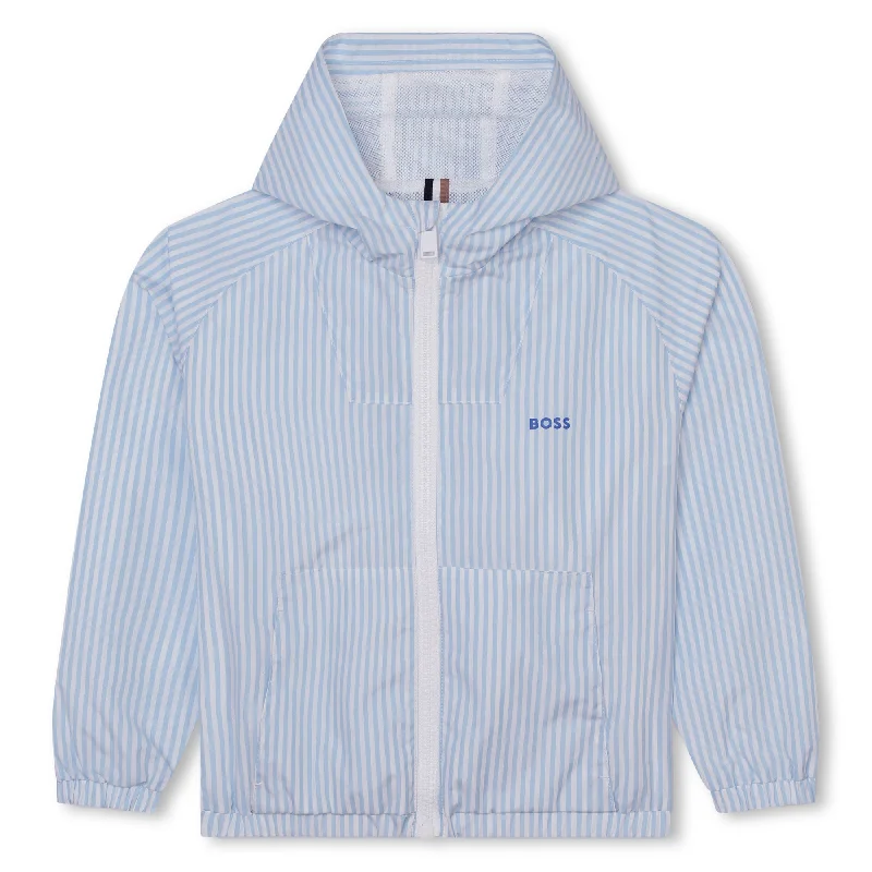 men's double-breasted jackets -Pale Blue Hooded Windbreaker Jacket