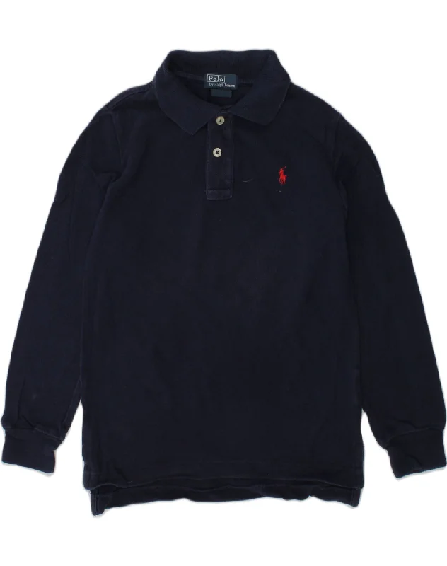 men's athletic pique polo shirts -POLO RALPH LAUREN Boys Long Sleeve Polo Shirt 5-6 Years Navy Blue Cotton