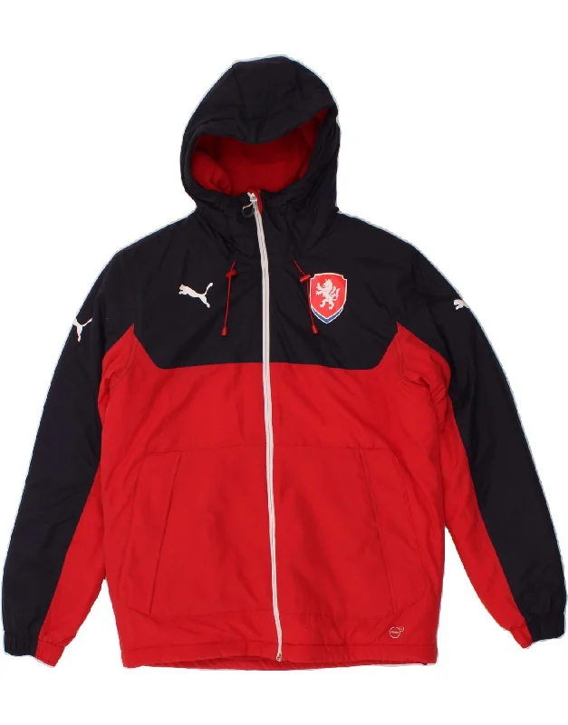 men's utility jackets -PUMA Mens Graphic Hooded Windbreaker Jacket UK 36 Small Red Colourblock