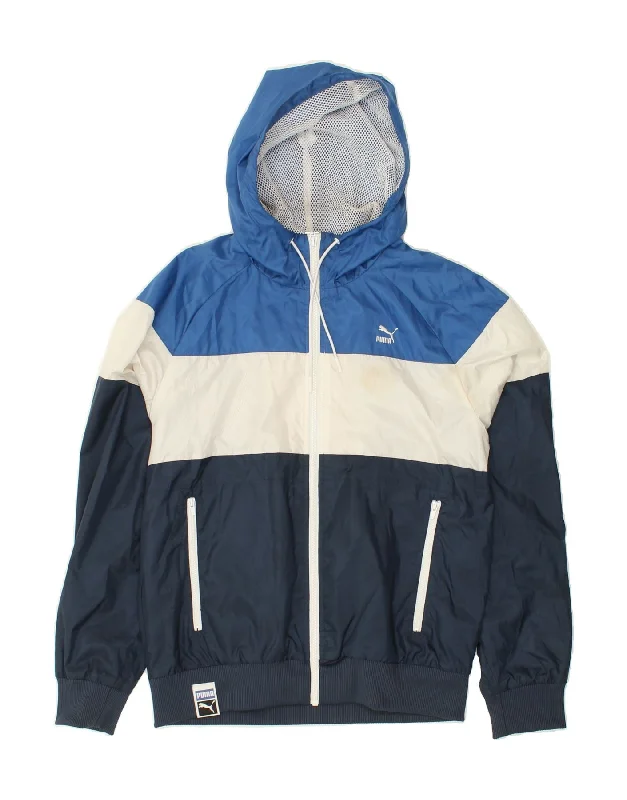 men's stylish jackets -PUMA Mens Hooded Rain Jacket UK 36 Small Navy Blue Colourblock Nylon