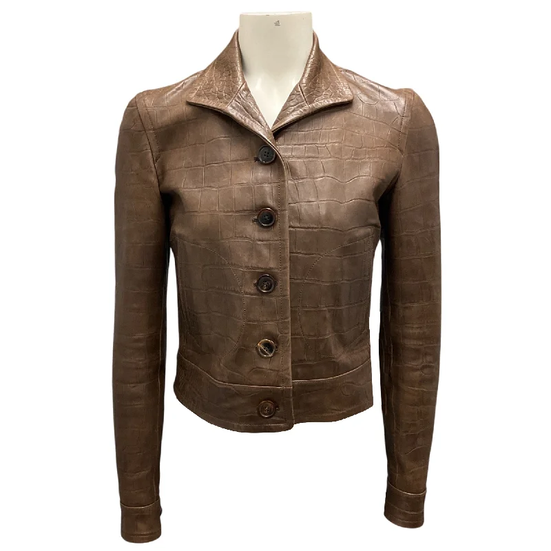 men's winter coats and jackets -Ralph Lauren Black Label Brown Embossed Leather Jacket