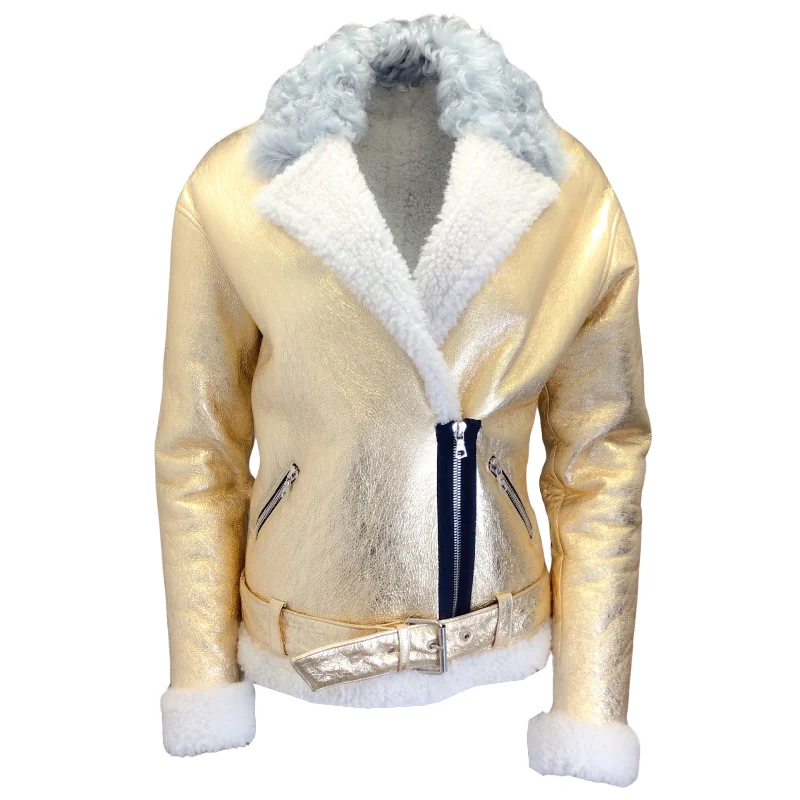 men's performance winter jackets -Sandy Liang Gold Metallic Lamb Shearling Moto Zip Biker Jacket