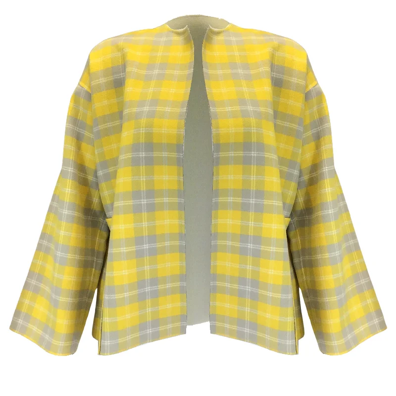 men's shearling jackets -Sofie D'Hoore Yellow / Green Multi Checkered Open Front Wool Jacket