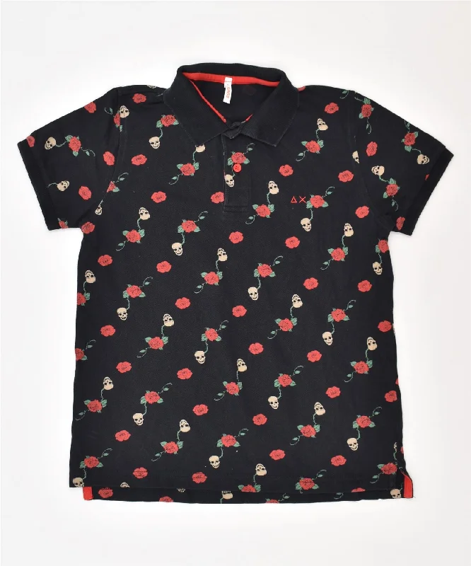 versatile cotton polo shirts -SUN68 Girls Polo Shirt 7-8 Years Black Floral Cotton Skull