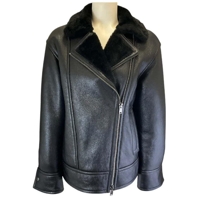 men's high-performance jackets -Theory Black High Shine Shearling Leather Moto Jacket