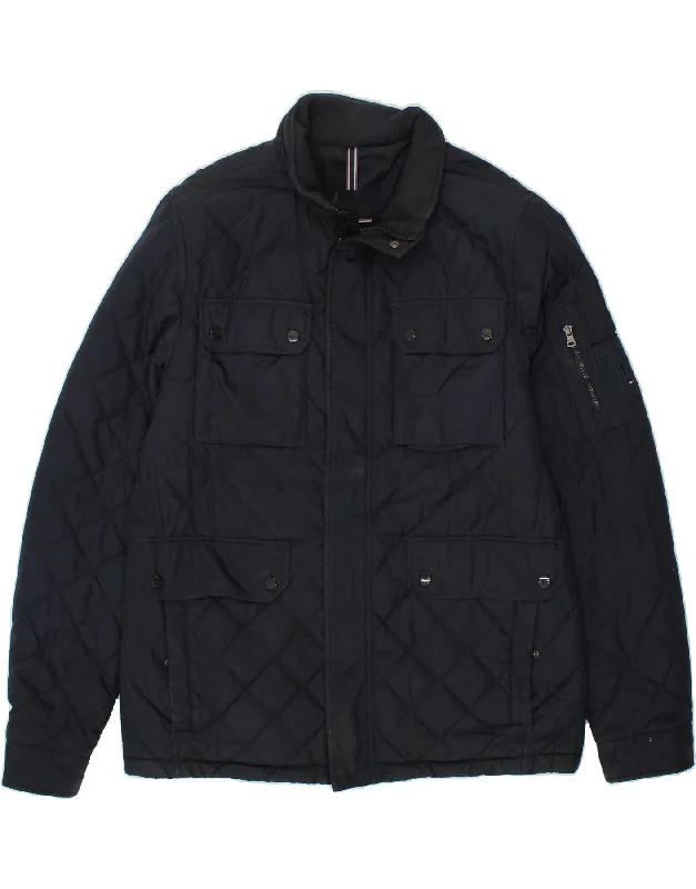 men's winter coats and jackets -TOMMY HILFIGER Mens Hooded Quilted Jacket UK 42 XL Navy Blue Polyester