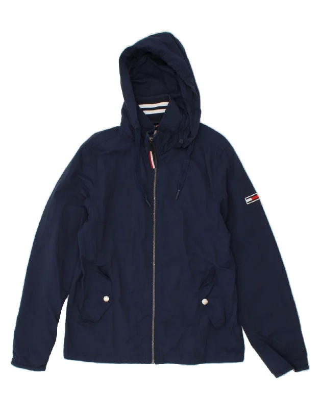 men's leather jackets -TOMMY HILFIGER Mens Hooded Rain Jacket UK 38 Medium Navy Blue Cotton