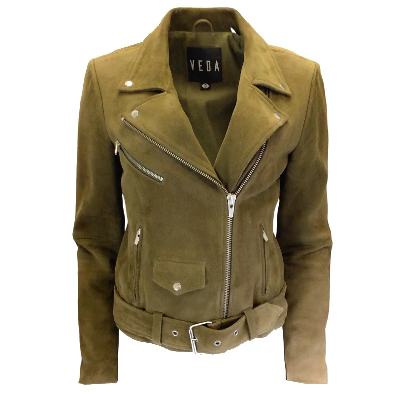 sleek jackets for formal wear -Veda Olive Green Moto Zip Suede Leather Jacket