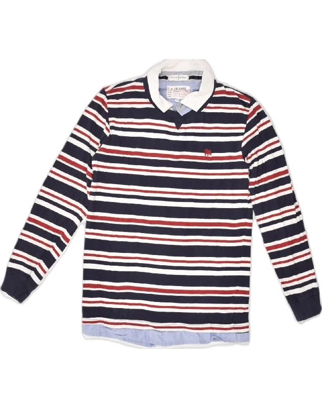 casual pique polo shirts for men -VINTAGE Boys Long Sleeve Polo Shirt 9-10 Years Navy Blue Striped Cotton