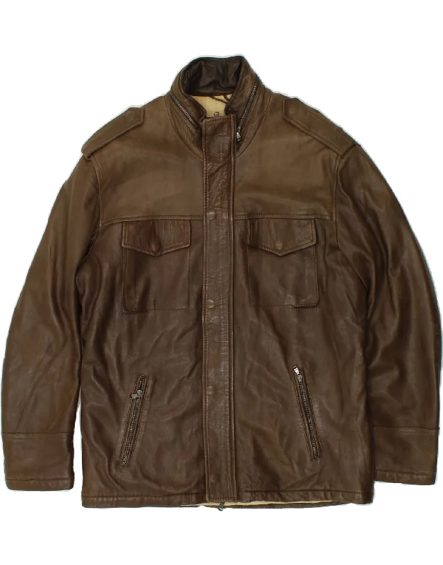 men's parka jackets for winter -VINTAGE Mens Hooded Leather Jacket IT 52 XL Brown Leather