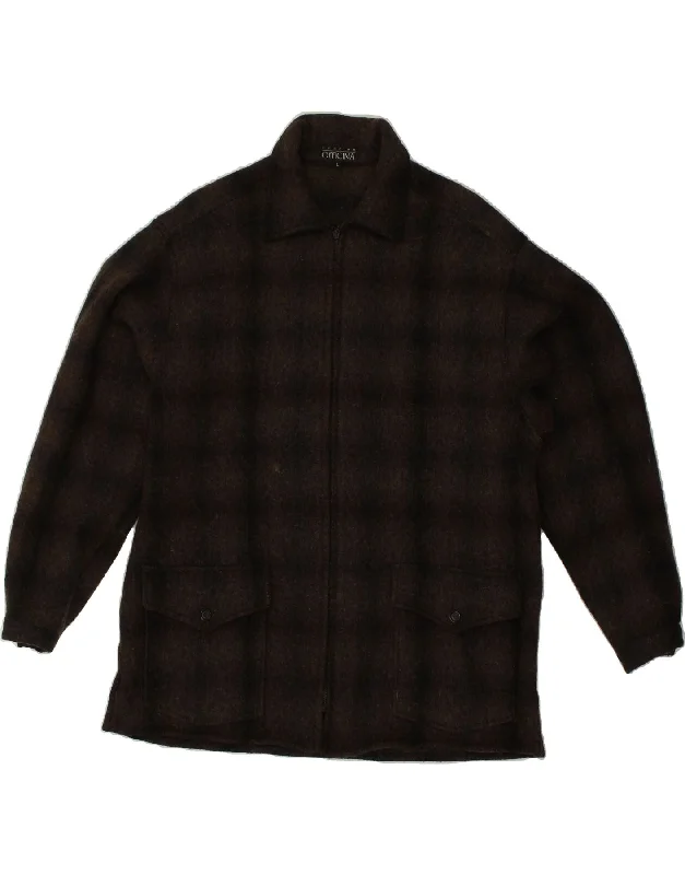 men's jacket coats for autumn -VINTAGE Mens Knit Bomber Jacket UK 40 Large Brown Check Wool