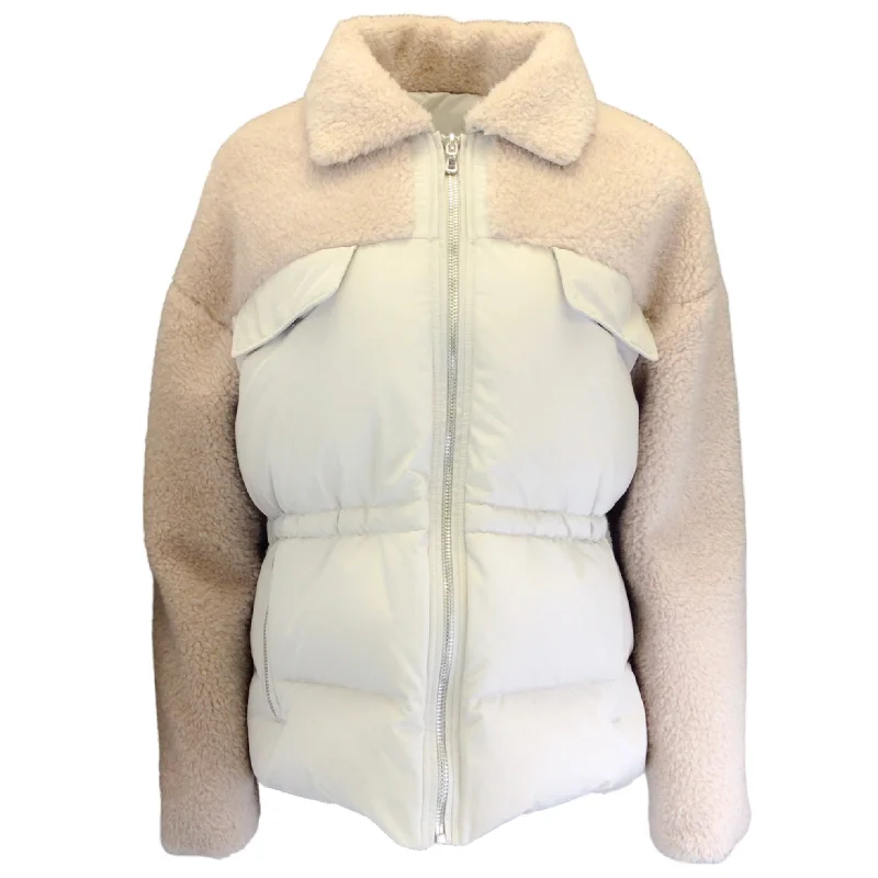 men's parkas with fur -Yves Salomon Meteo Beige Paneled Shearling Puffer Jacket