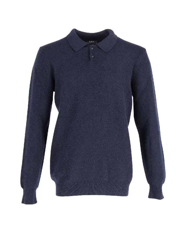 men's casual wear polo shirts -A.P.C. Long Sleeve Polo Shirt in Navy Blue Wool